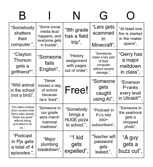 2025 school year bingo Card