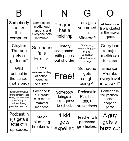 2025 school year bingo Card