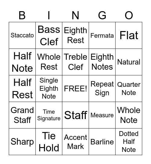 Tina's MUSIC SYMBOLS Bingo Card