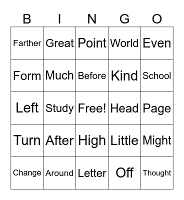 2nd Grade Sight Words Bingo Card