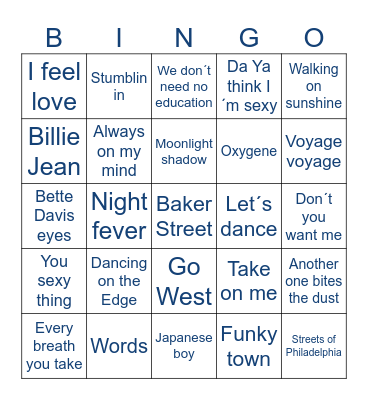 Anettes musikquiz Bingo Card