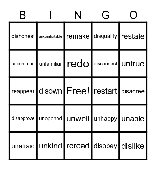 Prefix Bingo "UN" "DIS" and "RE" Bingo Card