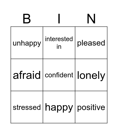 emotions Bingo Card