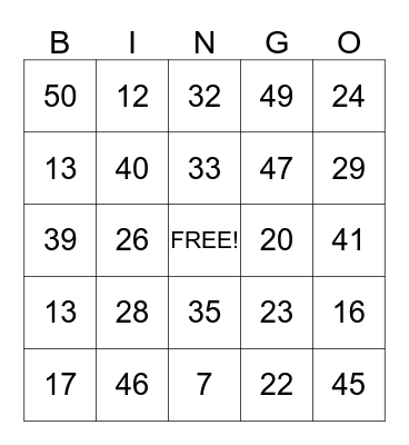 Number Bingo Card