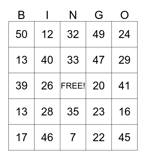 Number Bingo Card