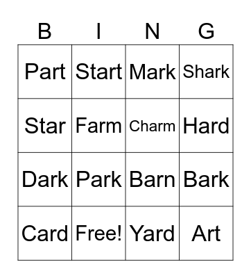 Words with -ar Bingo Card