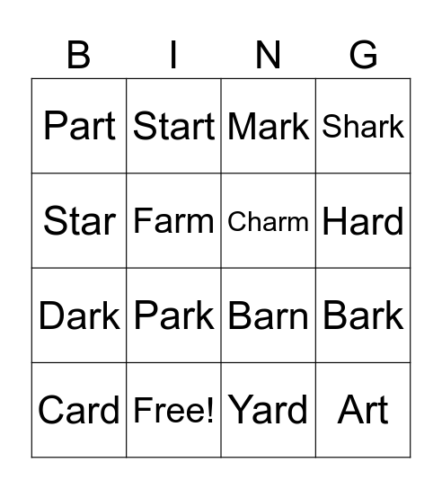 Words with -ar Bingo Card