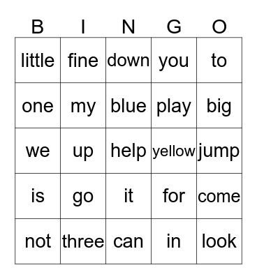 Sight Words Bingo Card