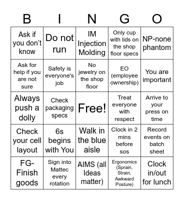 New Hire Bingo Card
