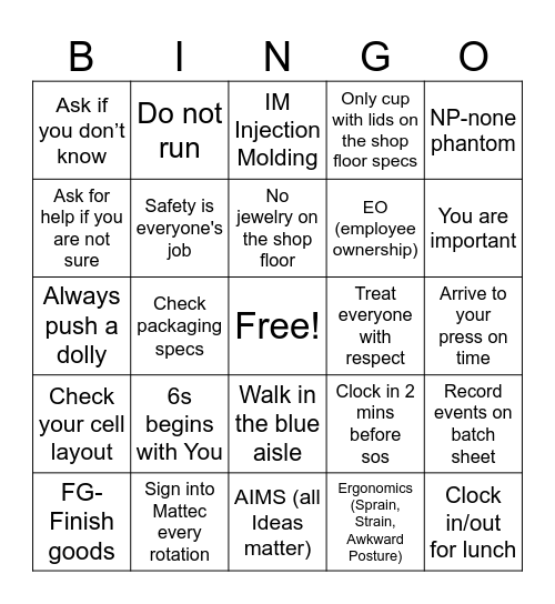 New Hire Bingo Card