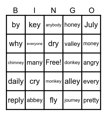 y and ey word endings Bingo Card