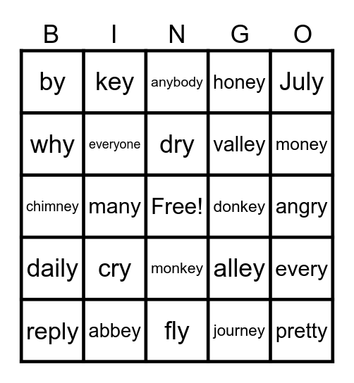 y and ey word endings Bingo Card