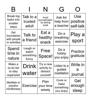 Healthy Coping Strategies Bingo Card