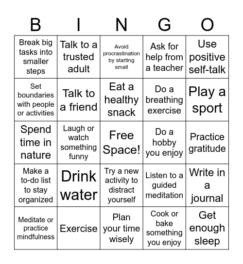 Healthy Coping Strategies Bingo Card