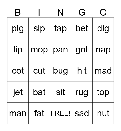 Word Families Bingo Card