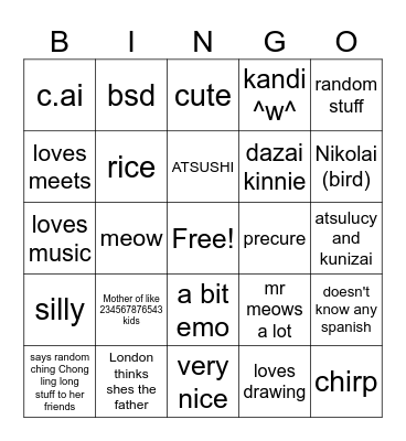 Angelique bingo Card