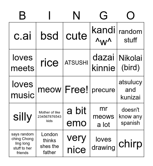 Angelique bingo Card