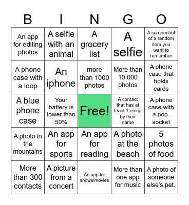 Cell Phone Scavenger Hunt Bingo Card