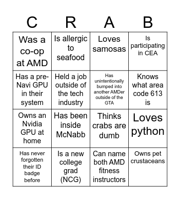 SSE Top Crabs 2025 Bingo Card