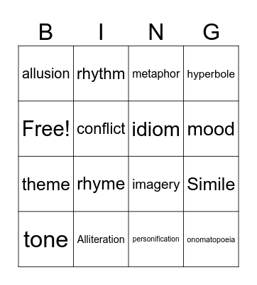 Figurative Language and Poetry Bingo Card