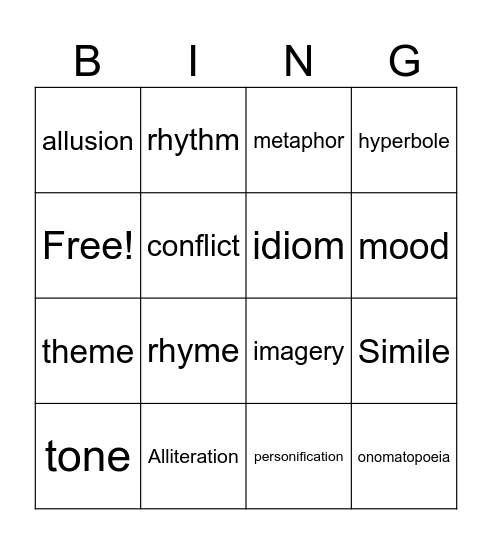 Figurative Language and Poetry Bingo Card