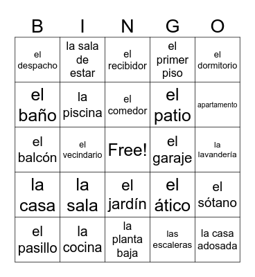 Las partes de la casa Bingo Card