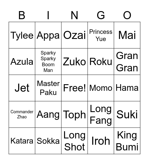 Avatar Bingo Card