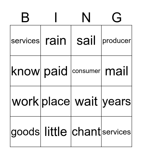 Spelling Words Bingo Card