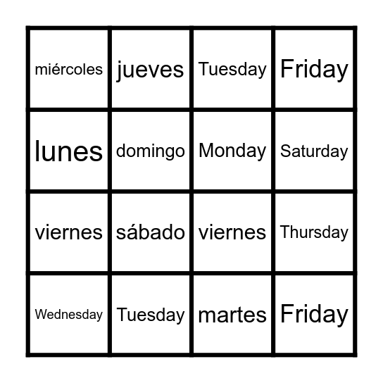 Días de la semana Bingo Card