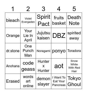 anime's to watch Bingo Card