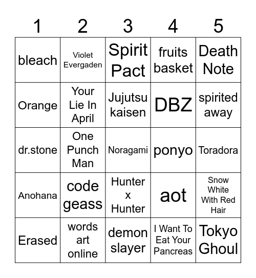 anime's to watch Bingo Card