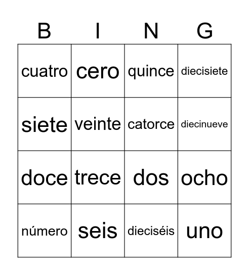 0-20 Bingo Card