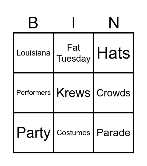 MARDI GRAS Bingo Card
