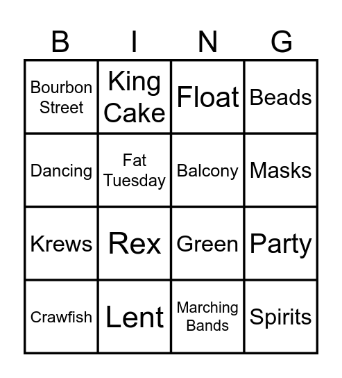 MARDI GRAS Bingo Card