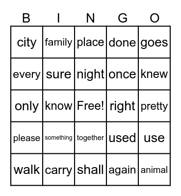 Trick Words Bingo Card