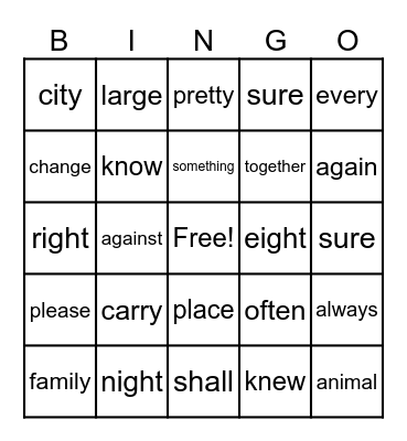 Trick Words Bingo Card