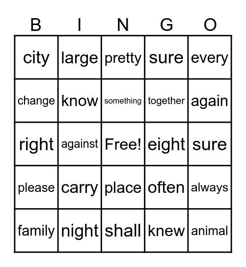 Trick Words Bingo Card