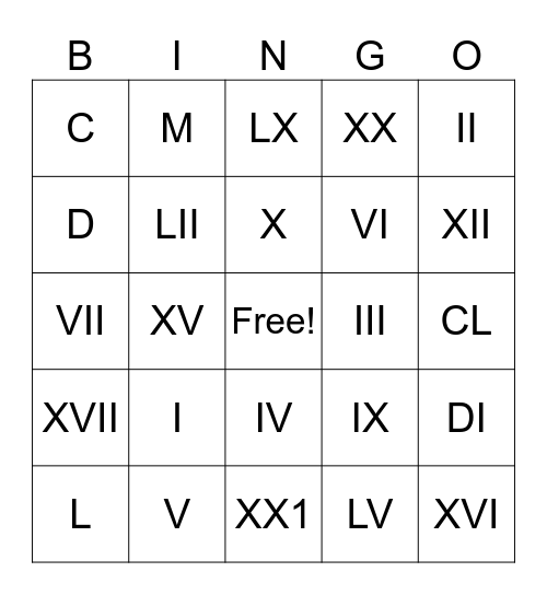Roman Numeral Bingo Card