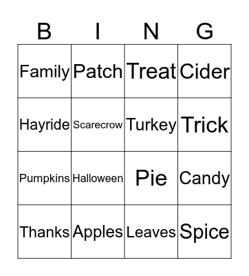 Fall Words Bingo Card