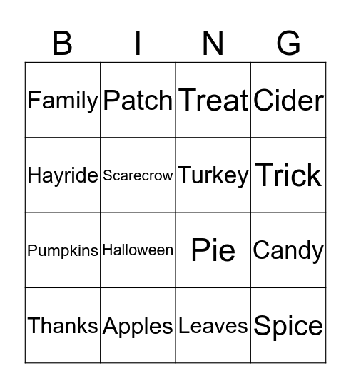 Fall Words Bingo Card