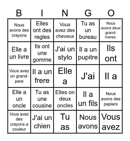 Le Verb "avoir" Bingo Card