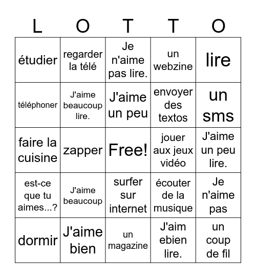 T'es branché Unit 2 lesson B Bingo Card