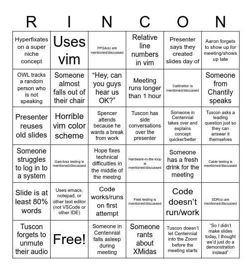 New Hire Bingo Card