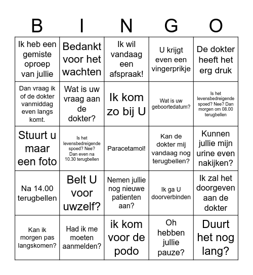 Doktersassistente Bingo Card