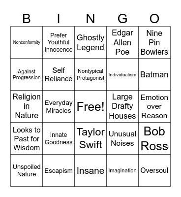 Romanticism/Transcendentalism/Gothic Bingo Card