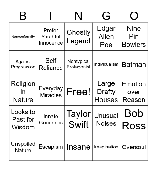 Romanticism/Transcendentalism/Gothic Bingo Card