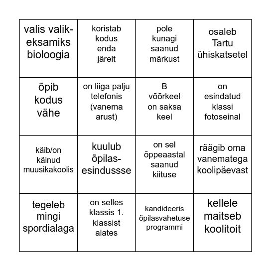 9.d klassi bingo - kirjuta ruutu õpilase nimi, kes Bingo Card