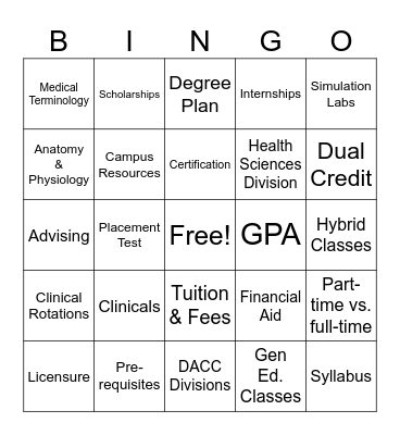 College Lingo Bingo Challenge Bingo Card
