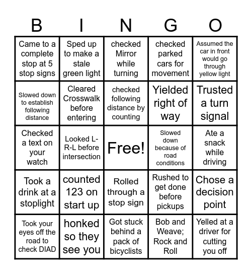 Following Distance and Distracted Driving Bingo Card