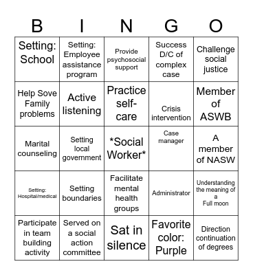 BINGO SOCIAL WORK ADDITION Bingo Card